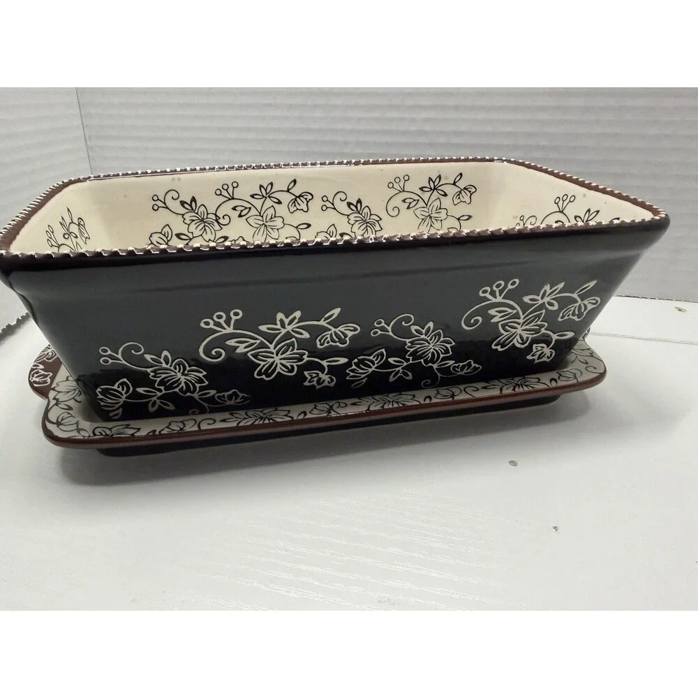 3 Pc TEMP-TATIONS Floral Lace 1 Quart Loaf Bakeware w/Lid & Hotplate